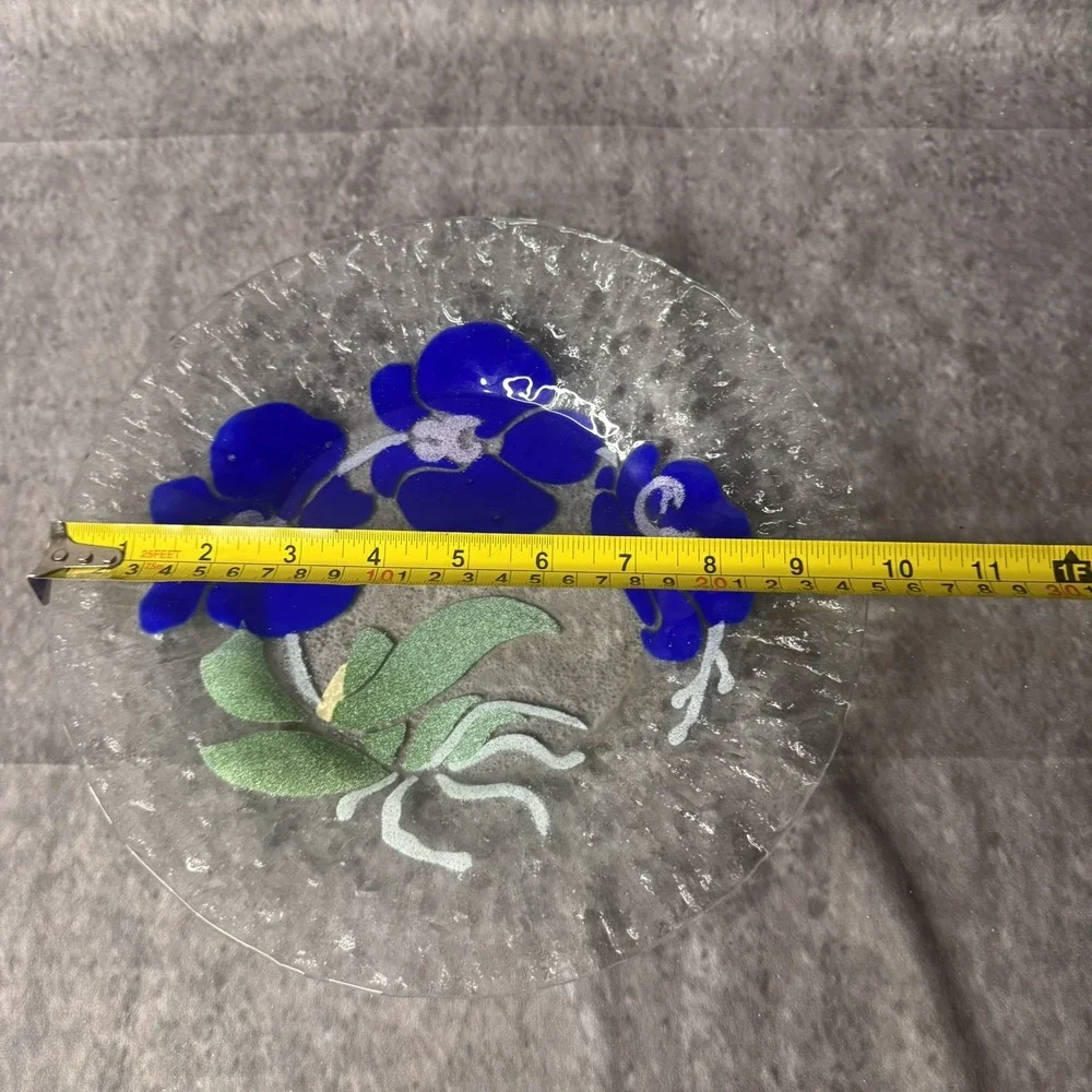 Sydenstricker Art Fused Glass Round Clear Plate Blue Orchids
